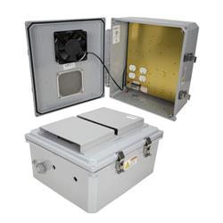 14x12x06 Polycarb Weatherproof NEMA 3R Enclosure, 120VAC Mnt Plate Mech Thermostat 85F Fan Dark Gray的图片