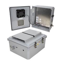 14x12x06 Polycarb Weatherproof NEMA 3R Encl, 240VAC Univ Outlet Mnt Plate, Mech Therm Fan Dark Gray的图片