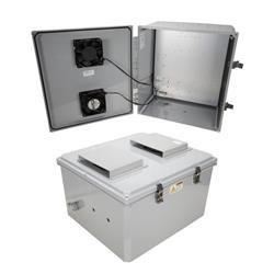 18x16x10 Polycarb Weatherproof NEMA 3R Encl, 120VAC Mount Plate Mech Therm 85F Turn on Fan Dark Gray的图片