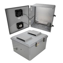 18x16x10 Polycarb Weatherproof NEMA 3R Encl, 120VAC Mnt Plt User Adjustable Therm Heat & Fan Drk Gry的图片