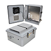 14x12x06 Polycarb Weatherproof NEMA 3R Encl, 240VAC Univ Outlet Mnt Plate, Mech Therm Fan Dark Gray的图片